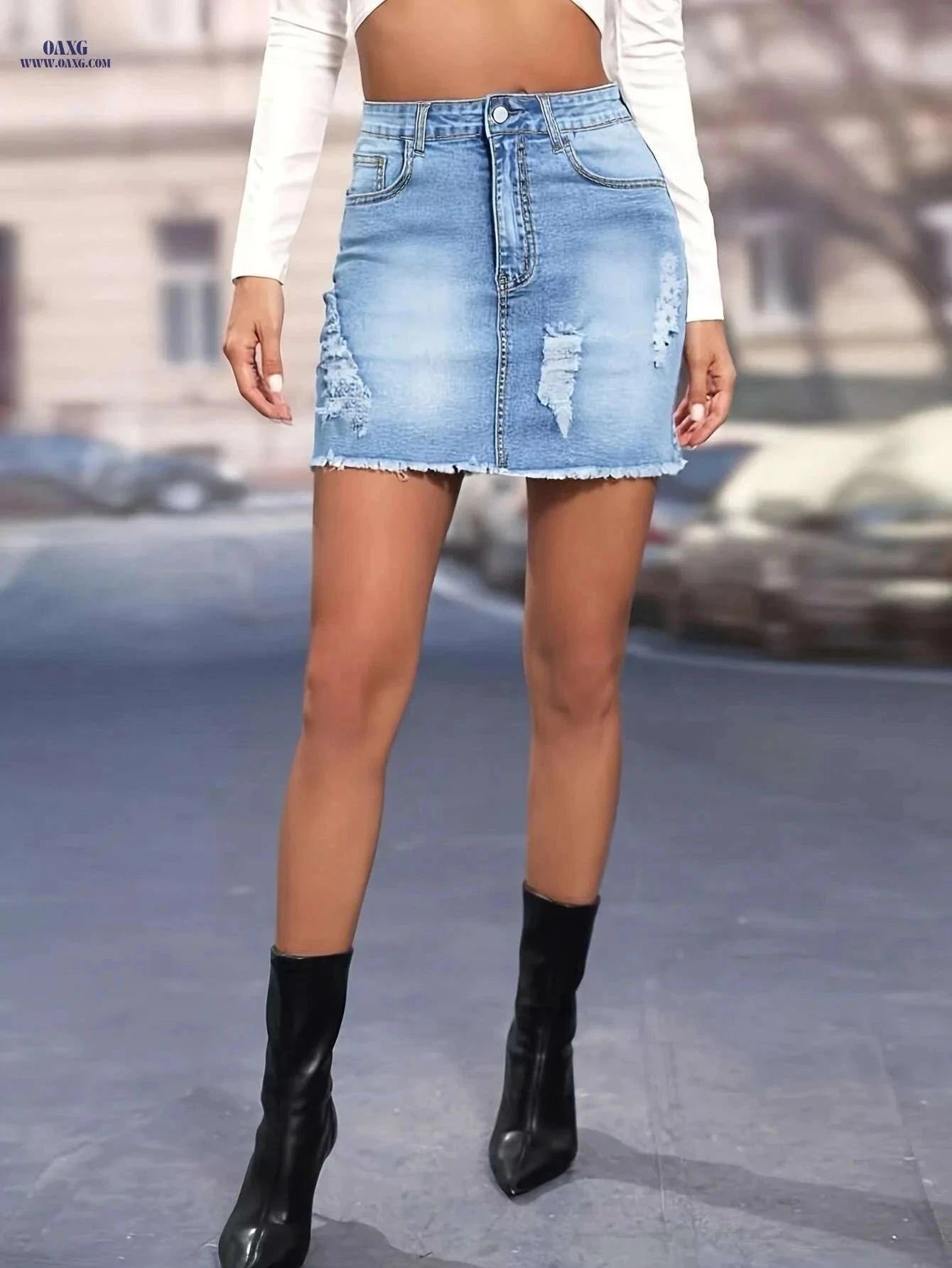 Women's High-Waisted Denim Mini Skirt - Slim Fit & Distressed Style   OAXG Blue / XS