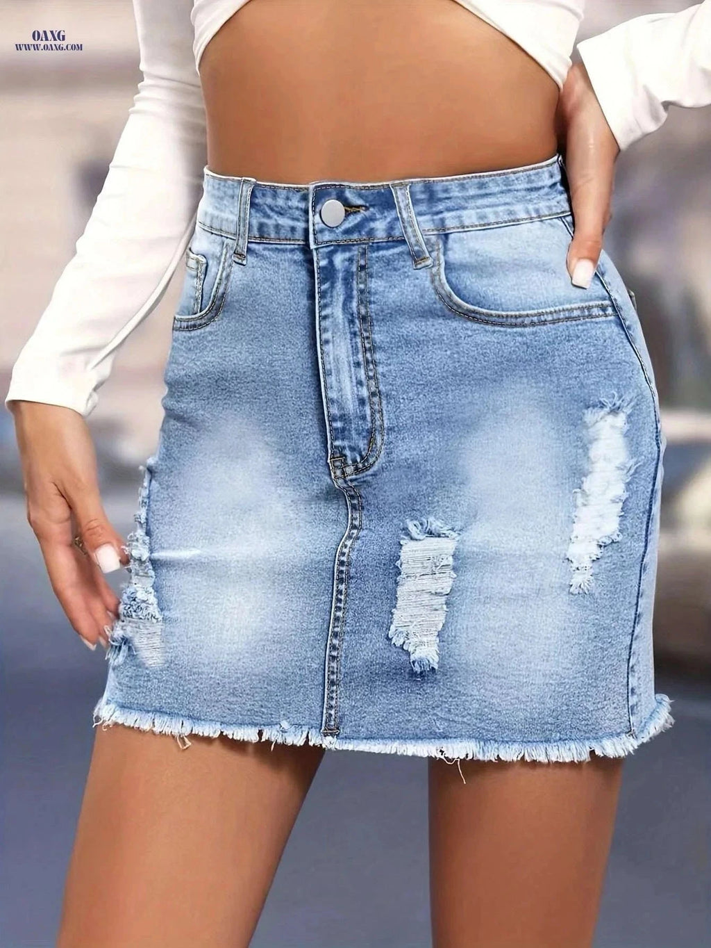 Women's High-Waisted Denim Mini Skirt - Slim Fit & Distressed Style   OAXG Blue / XS