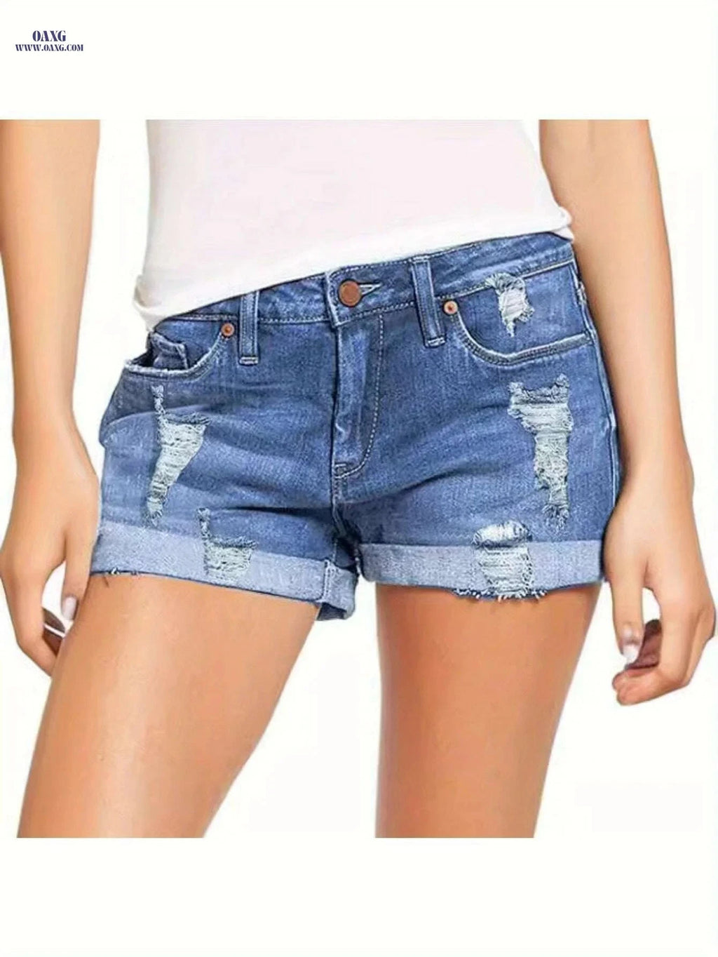 Women's High-Waisted Denim Shorts - Distressed Rolled Hem Jeans   OAXG 