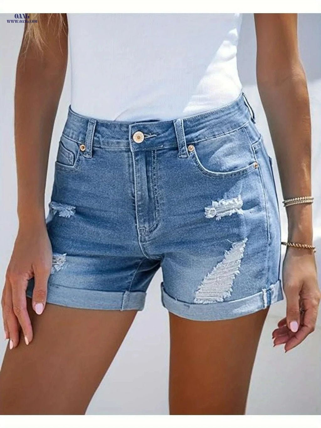 Women's High-Waisted Denim Shorts - Distressed Rolled Hem Jeans   OAXG 