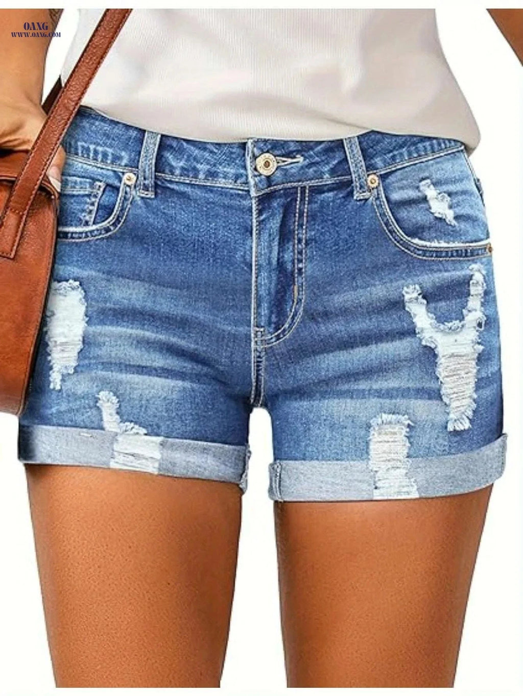 Women's High-Waisted Denim Shorts - Distressed Rolled Hem Jeans   OAXG 