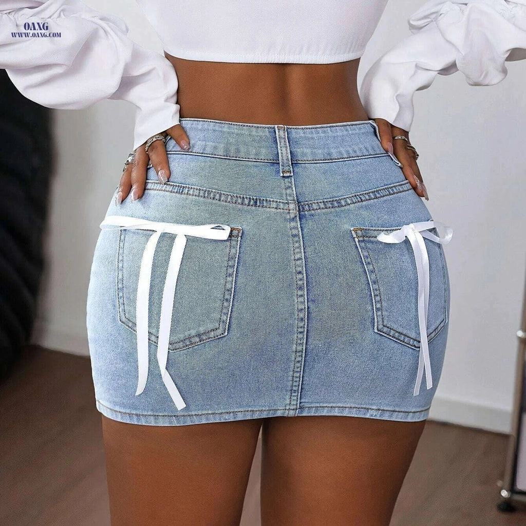 Women's High-Waisted Denim Shorts - Elegant Bow Detail & Stretchy Fit   OAXG 