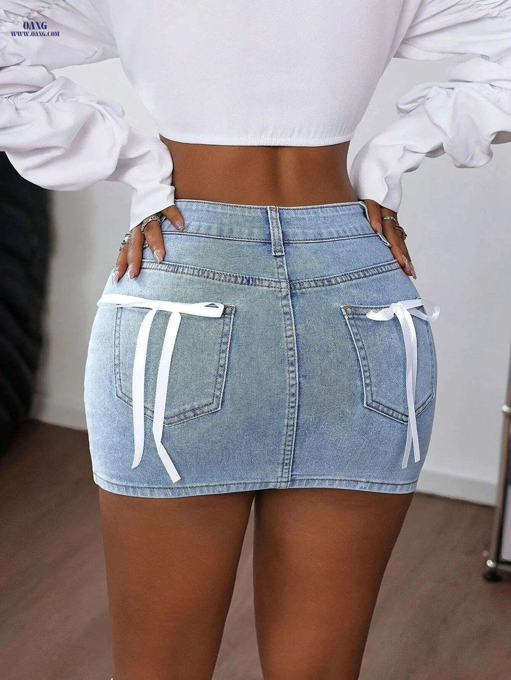 Women's High-Waisted Denim Shorts - Elegant Bow Detail & Stretchy Fit   OAXG Blue / XS