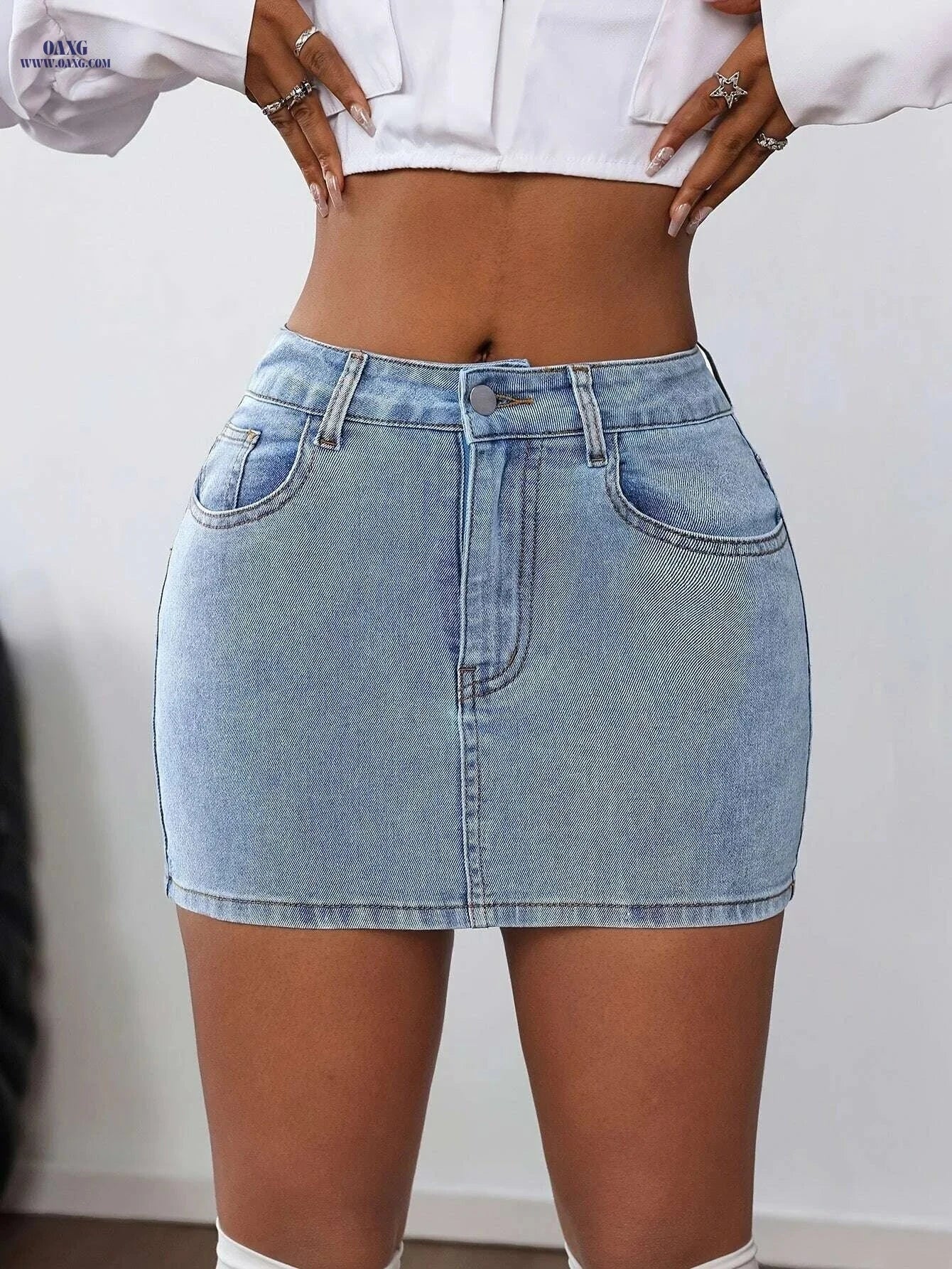Women's High-Waisted Denim Shorts - Elegant Bow Detail & Stretchy Fit   OAXG Blue / XS