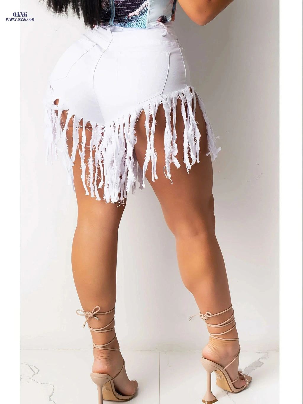Women's High-Waisted Denim Shorts - Frayed Hem & Ripped Tassels   OAXG 