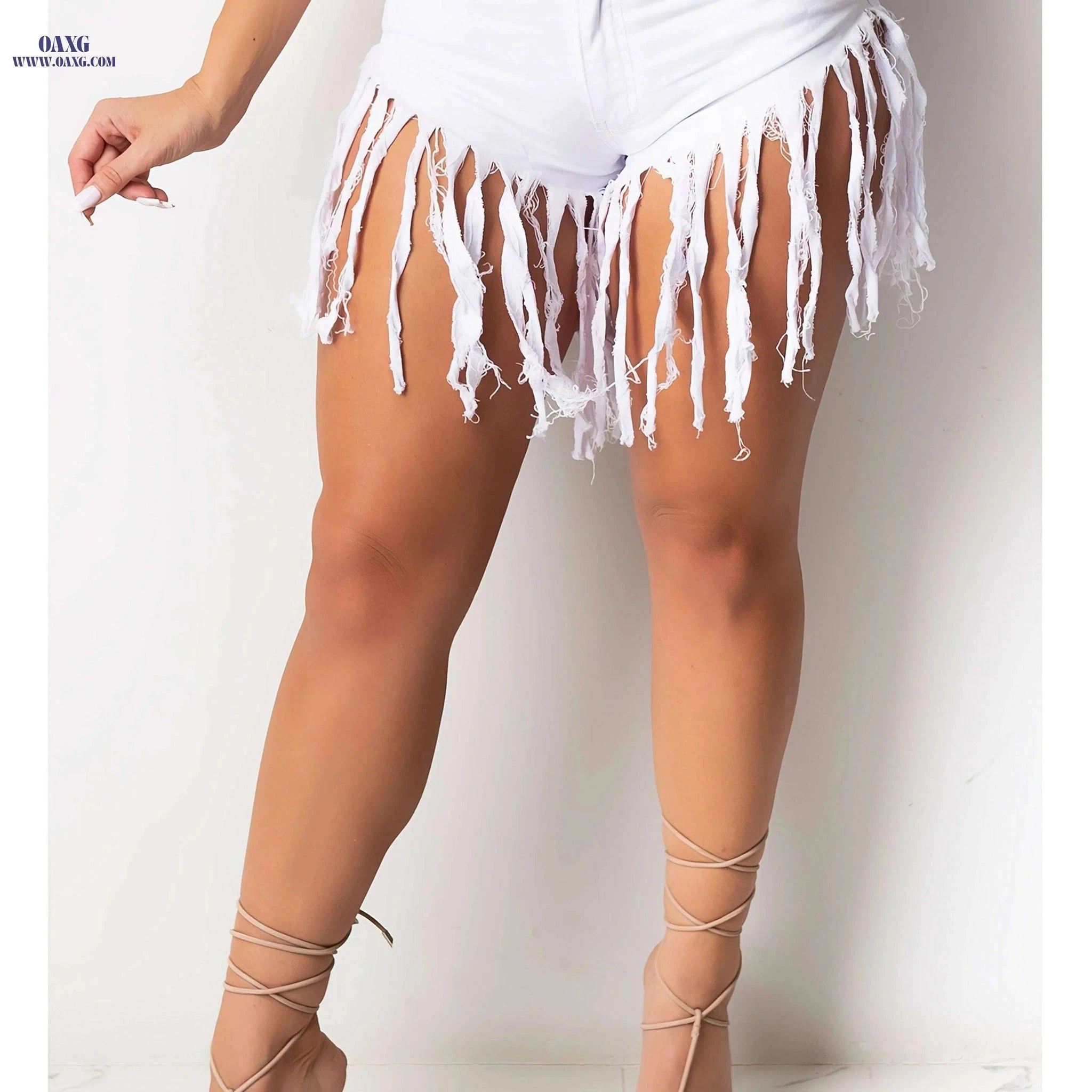 Women's High-Waisted Denim Shorts - Frayed Hem & Ripped Tassels   OAXG 