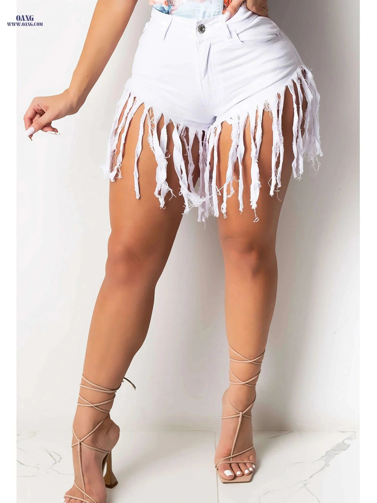 Women's High-Waisted Denim Shorts - Frayed Hem & Ripped Tassels   OAXG 