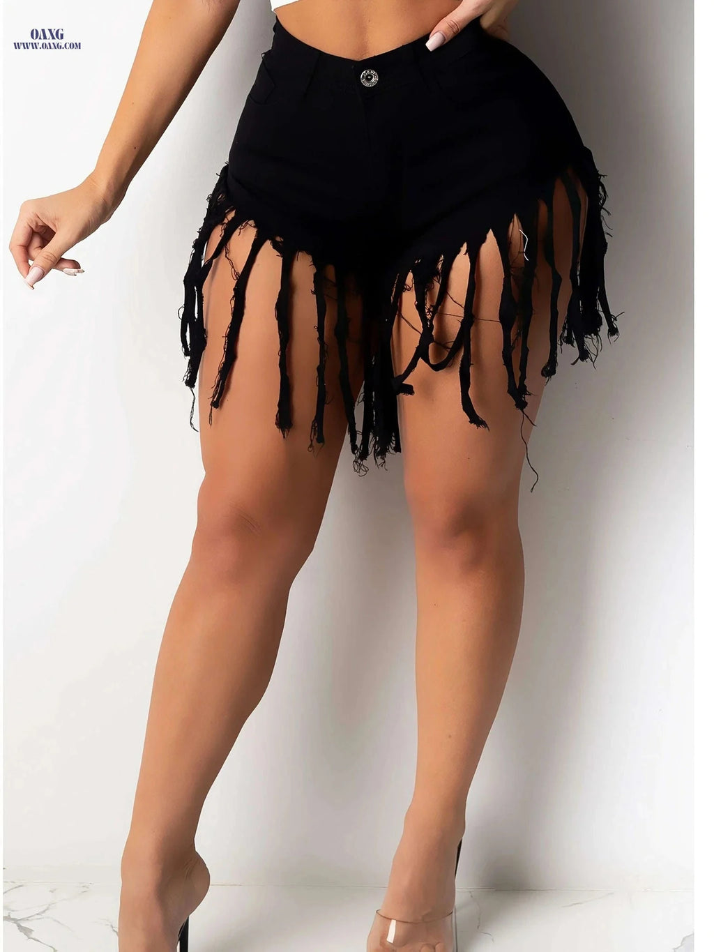 Women's High-Waisted Denim Shorts - Frayed Hem & Ripped Tassels   OAXG 
