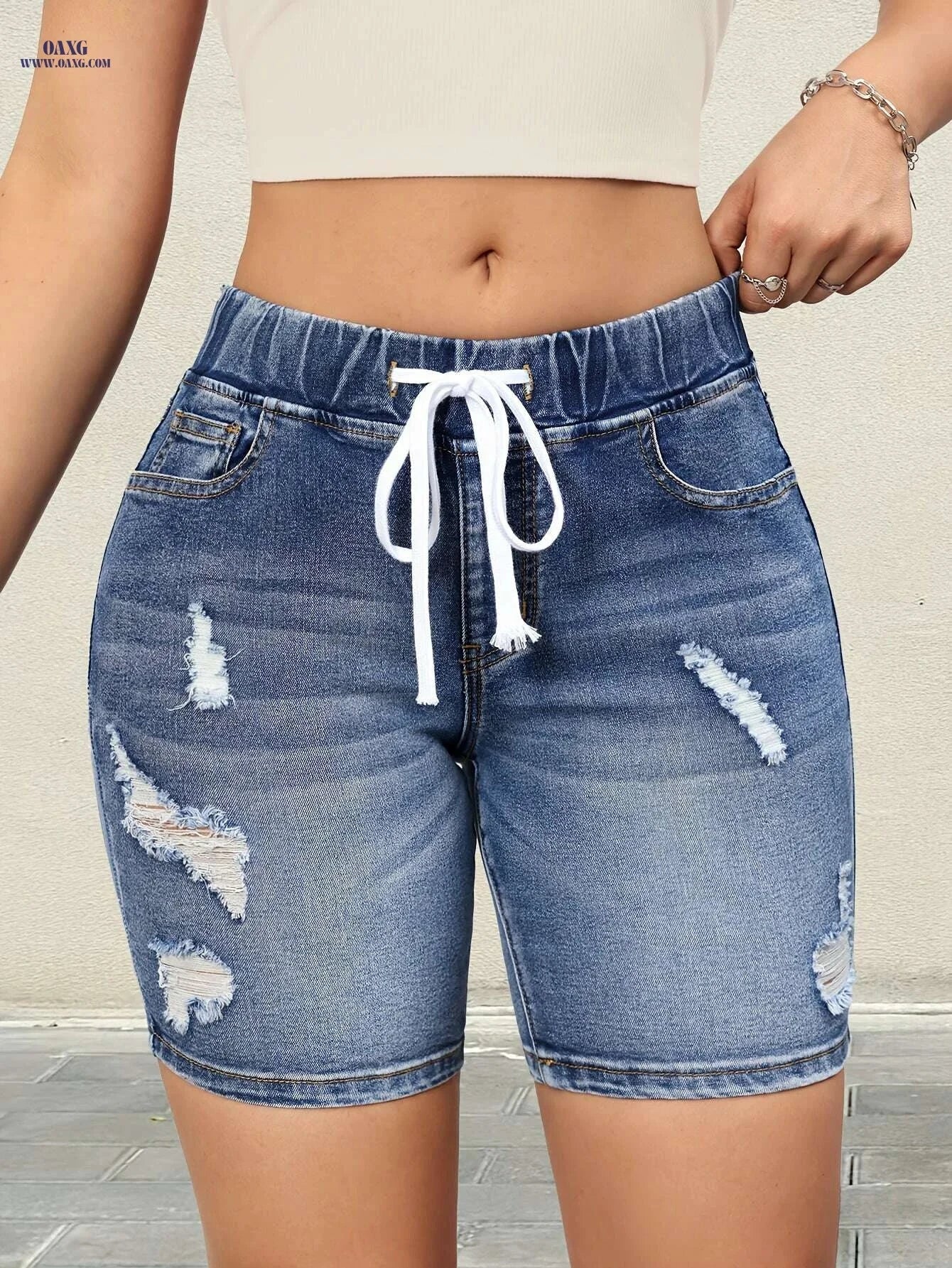 Women's High-Waisted Denim Shorts - Ripped Detail & Drawstring Style   OAXG 