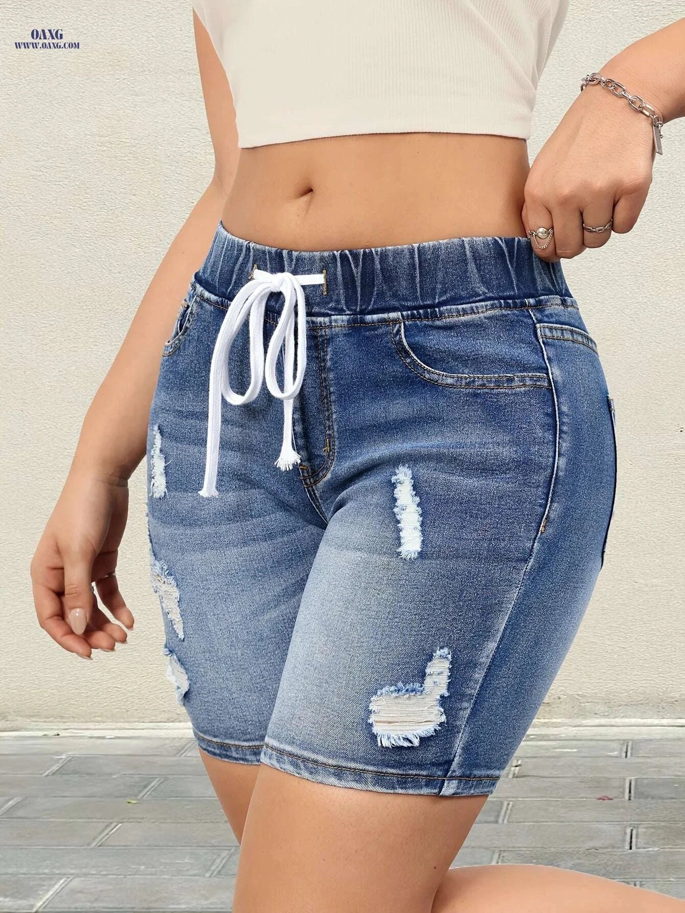 Women's High-Waisted Denim Shorts - Ripped Detail & Drawstring Style   OAXG 