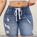 Women's High-Waisted Denim Shorts - Ripped Detail & Drawstring Style   OAXG 