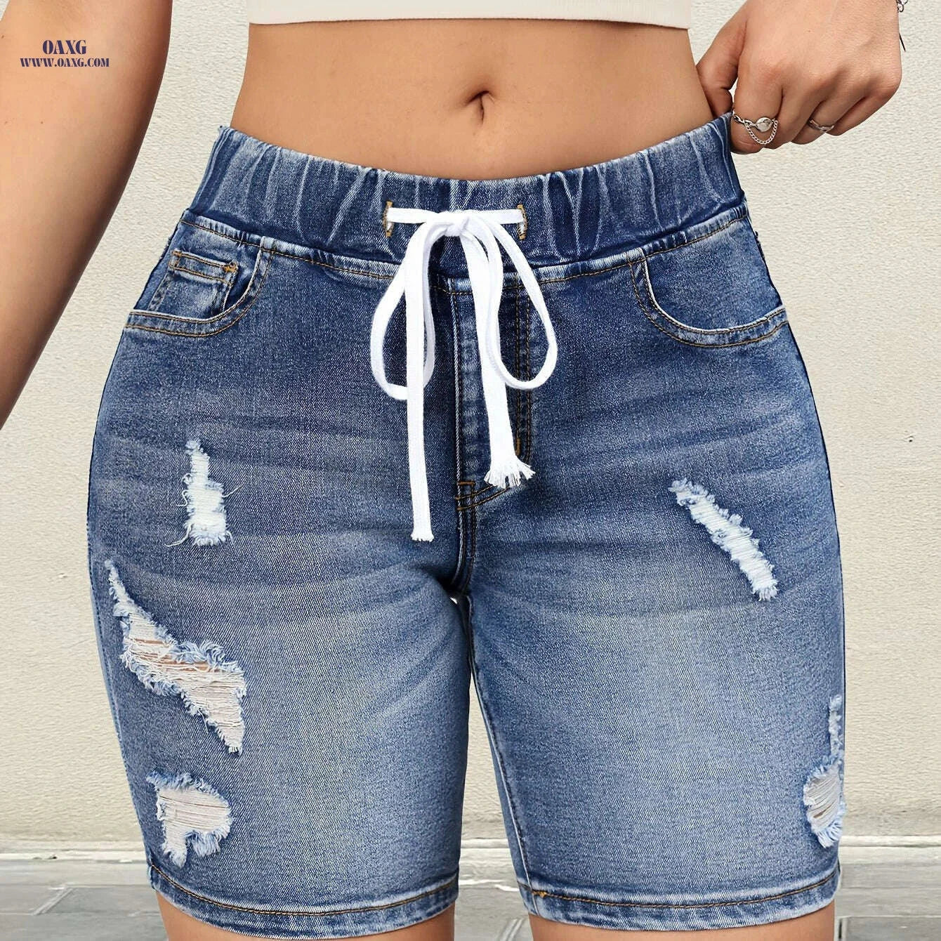 Women's High-Waisted Denim Shorts - Ripped Detail & Drawstring Style   OAXG 