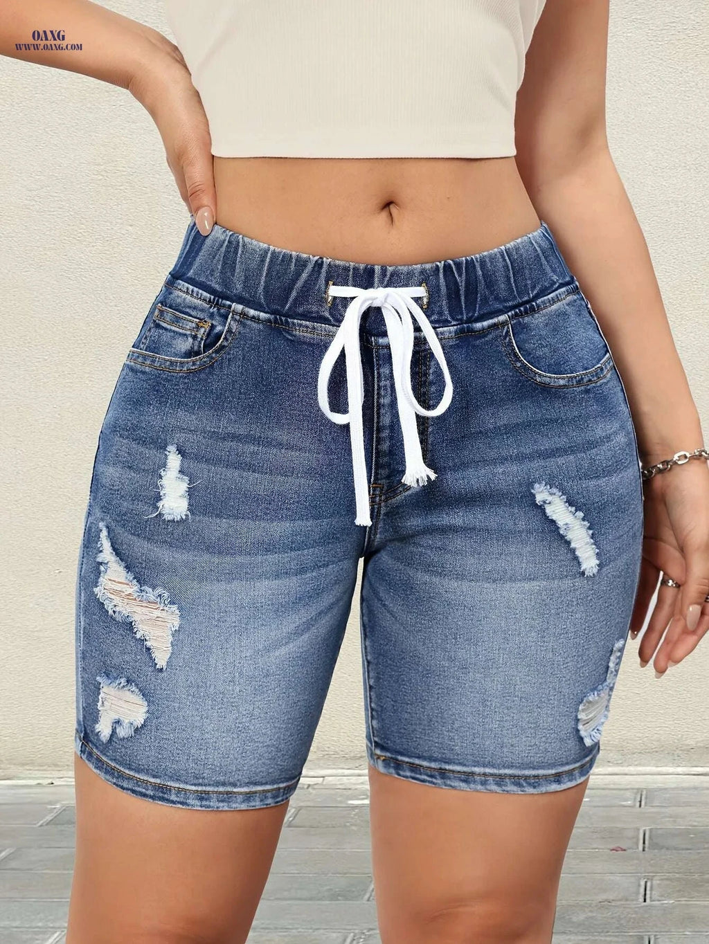 Women's High-Waisted Denim Shorts - Ripped Detail & Drawstring Style   OAXG 