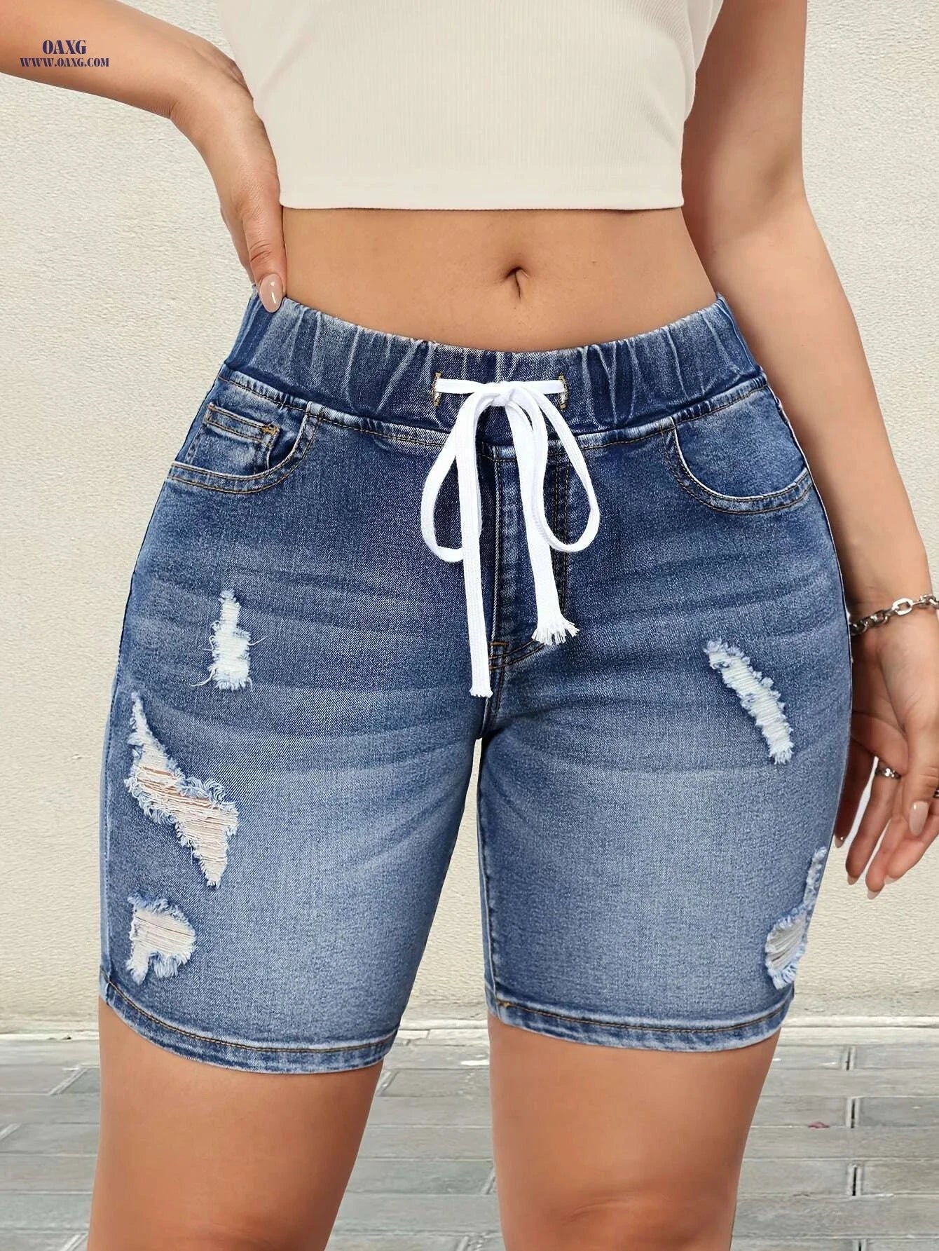 Women's High-Waisted Denim Shorts - Ripped Detail & Drawstring Style   OAXG 