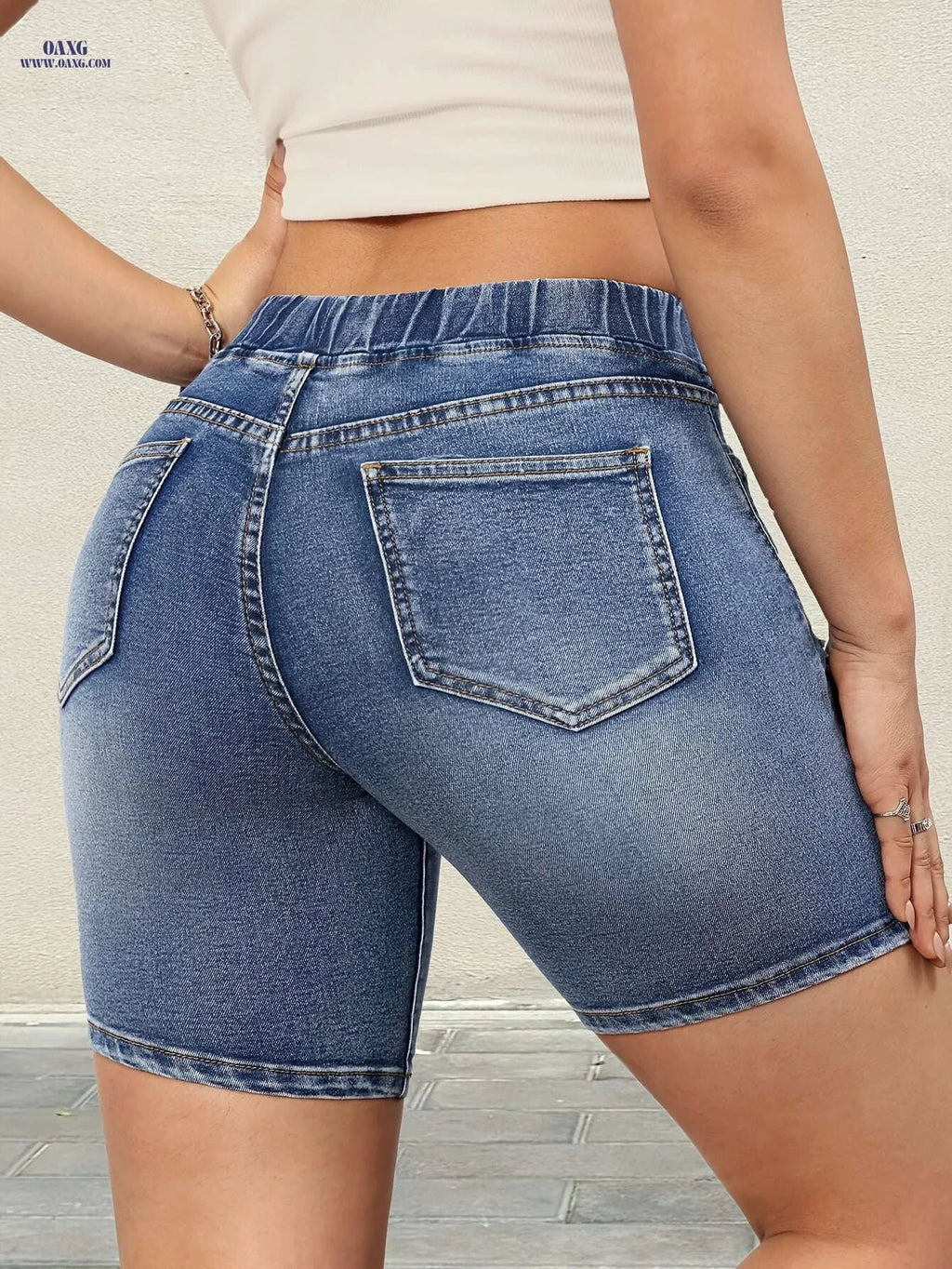 Women's High-Waisted Denim Shorts - Ripped Detail & Drawstring Style   OAXG 