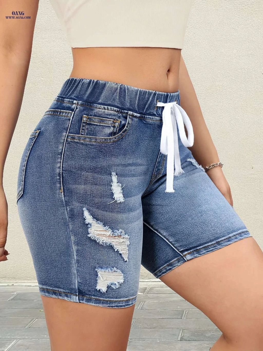 Women's High-Waisted Denim Shorts - Ripped Detail & Drawstring Style   OAXG 