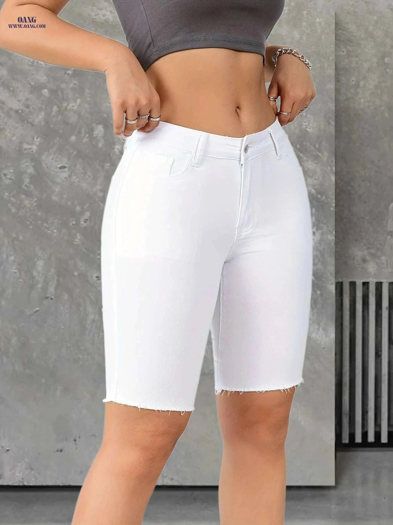 Women's High-Waisted Denim Shorts - Slim Fit, Raw Hem, Stretchy   OAXG White / XS