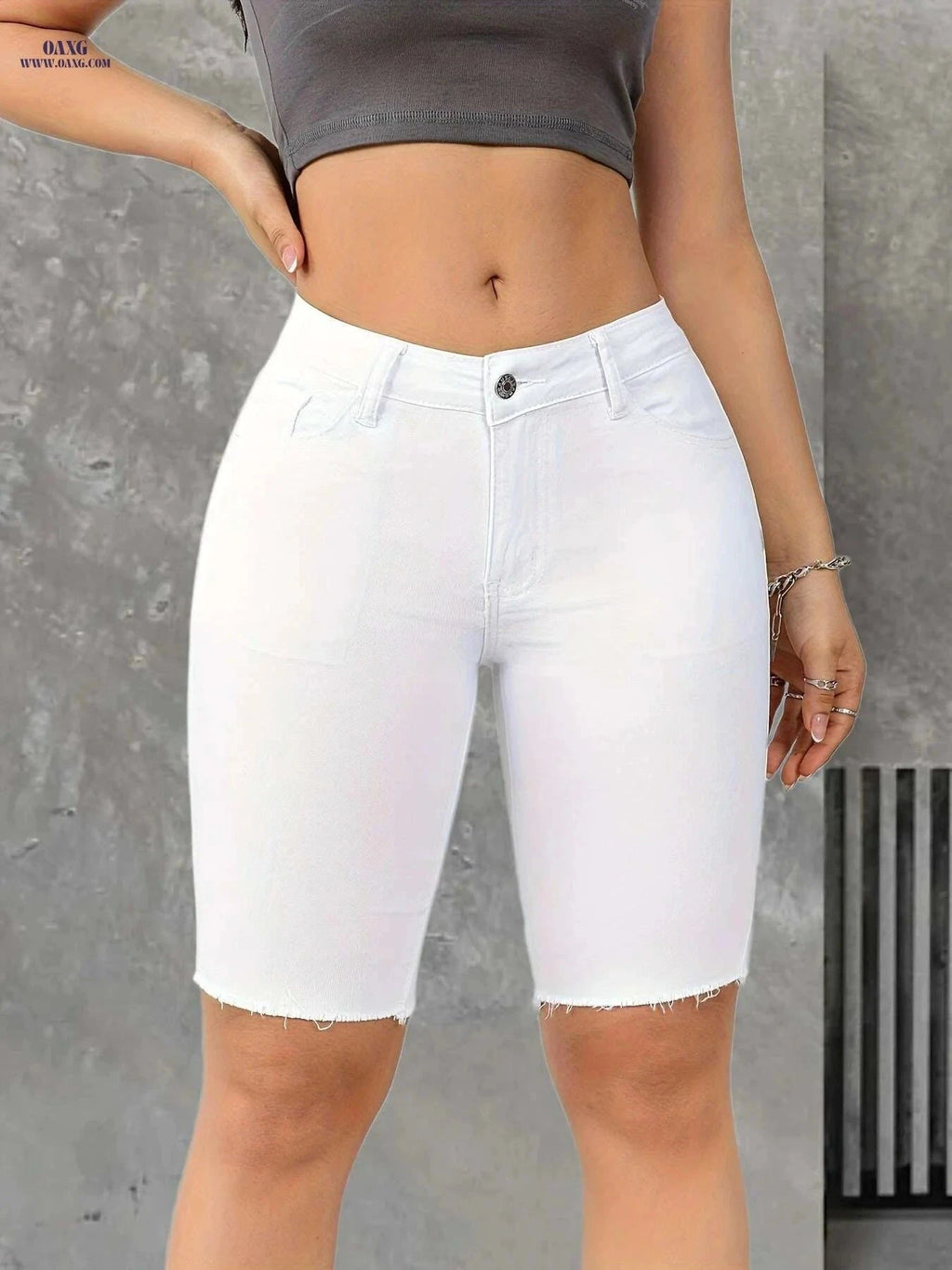 Women's High-Waisted Denim Shorts - Slim Fit, Raw Hem, Stretchy   OAXG White / XS