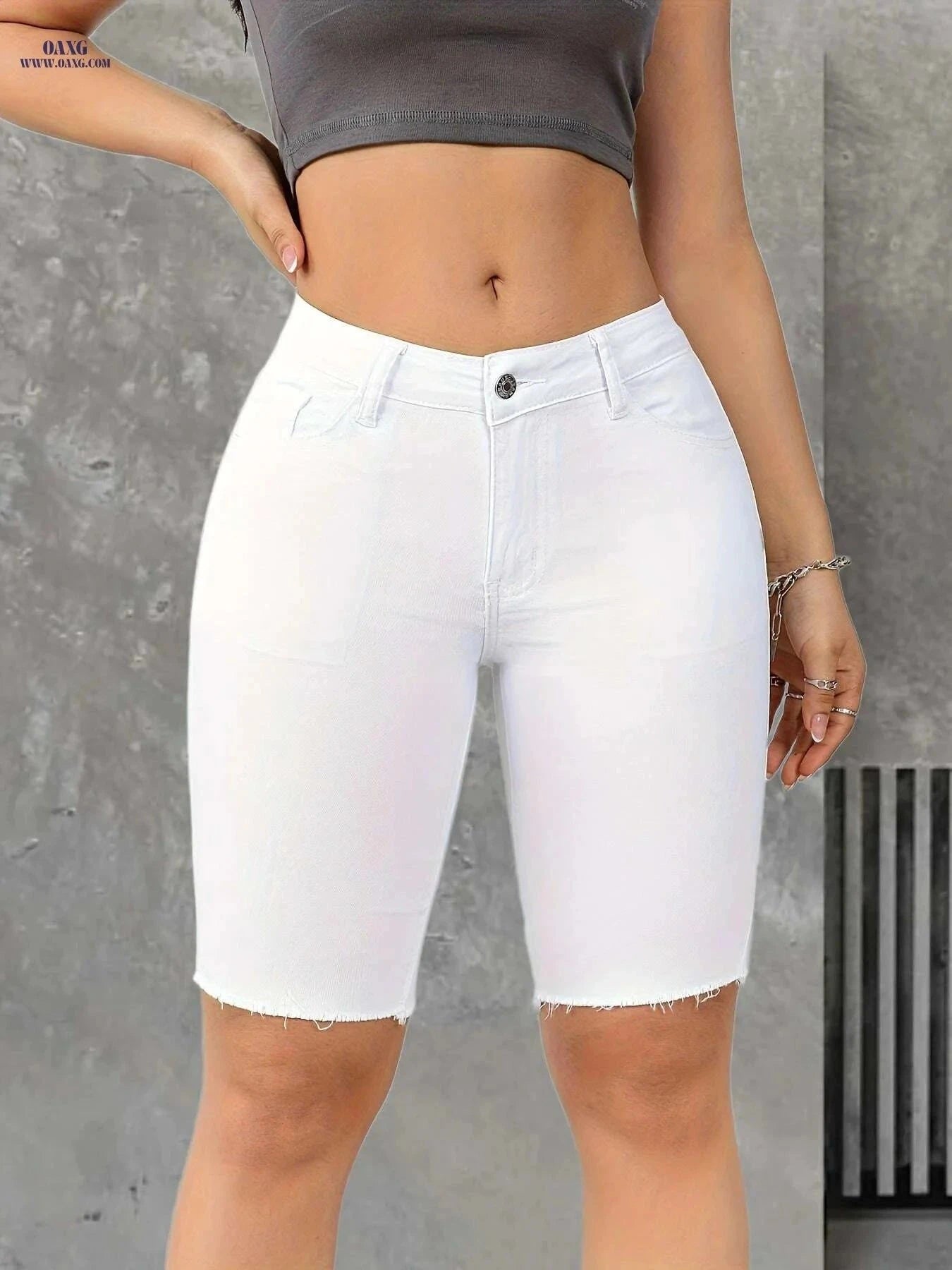 Women's High-Waisted Denim Shorts - Slim Fit, Raw Hem, Stretchy   OAXG White / XS