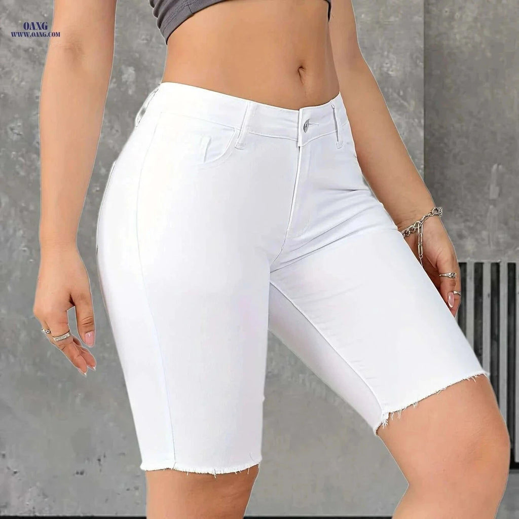 Women's High-Waisted Denim Shorts - Slim Fit, Raw Hem, Stretchy   OAXG White / XS