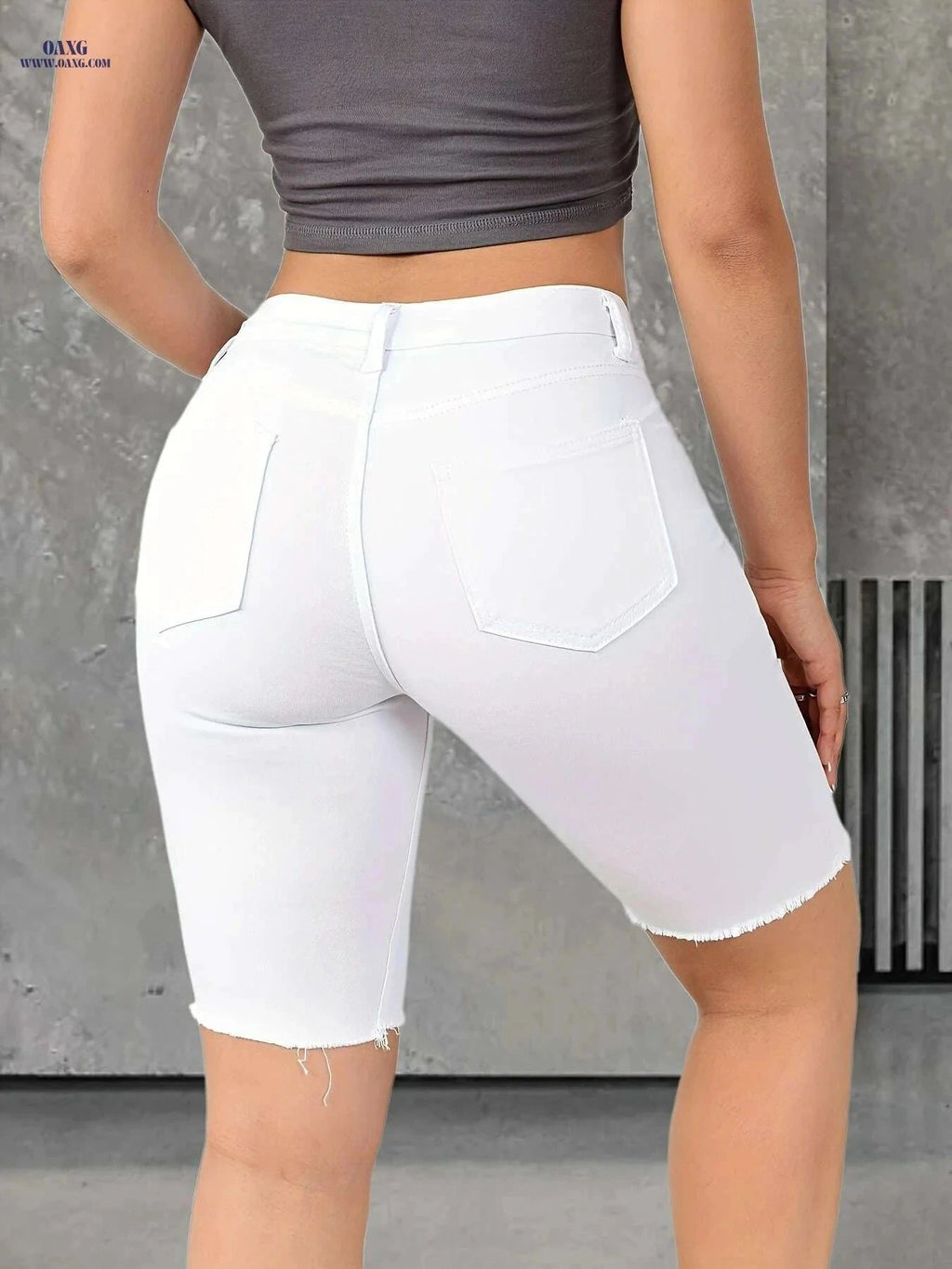 Women's High-Waisted Denim Shorts - Slim Fit, Raw Hem, Stretchy   OAXG White / XS