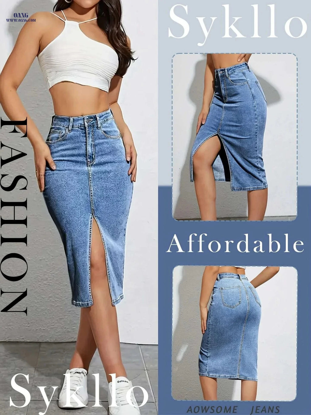Women's High-Waisted Denim Skirt - Bodycon Fit, Side Slit Design   OAXG 
