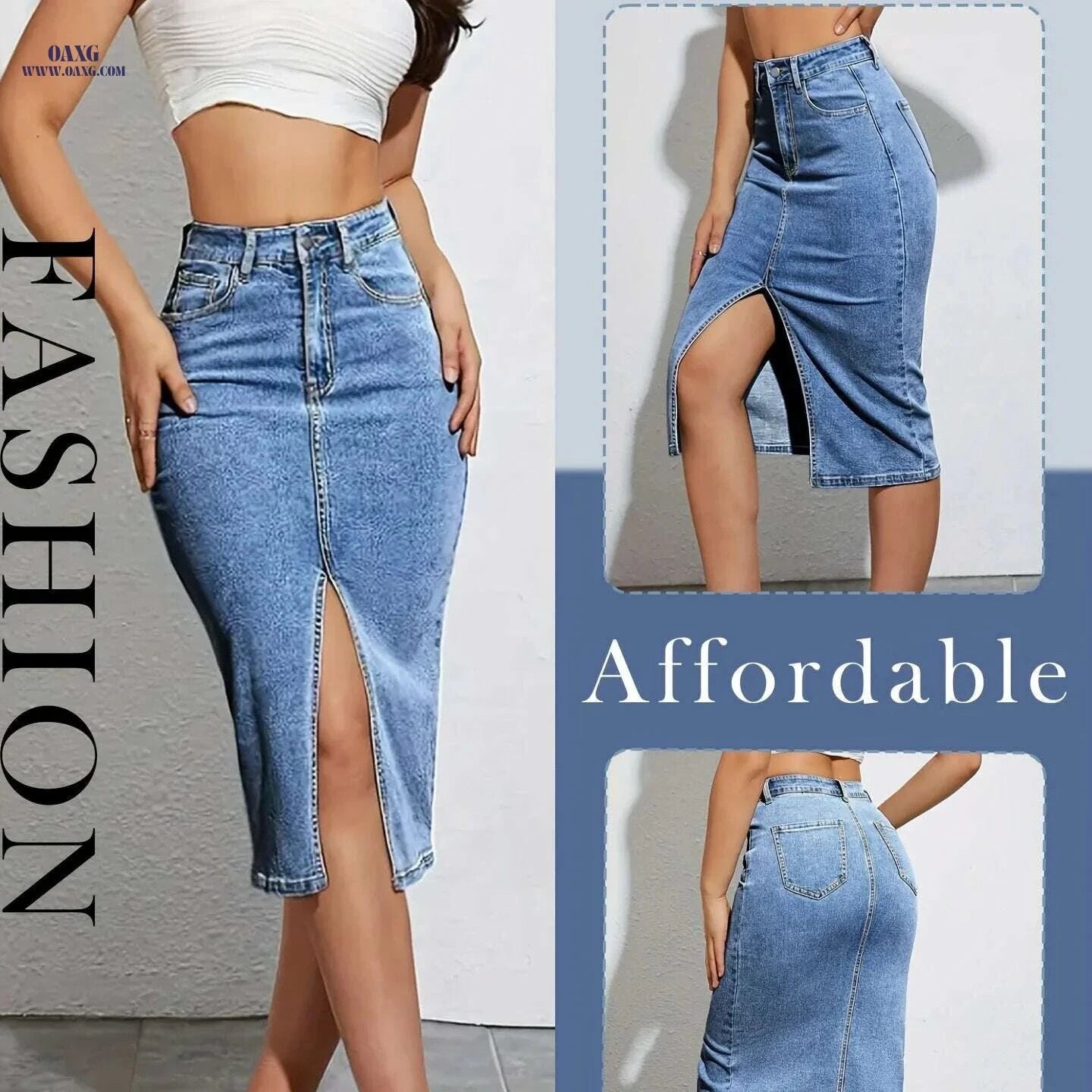 Women's High-Waisted Denim Skirt - Bodycon Fit, Side Slit Design   OAXG Light Blue / XS