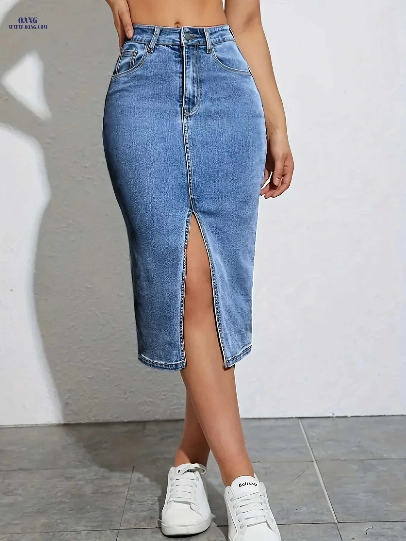 Women's High-Waisted Denim Skirt - Bodycon Fit, Side Slit Design   OAXG Light Blue / XS