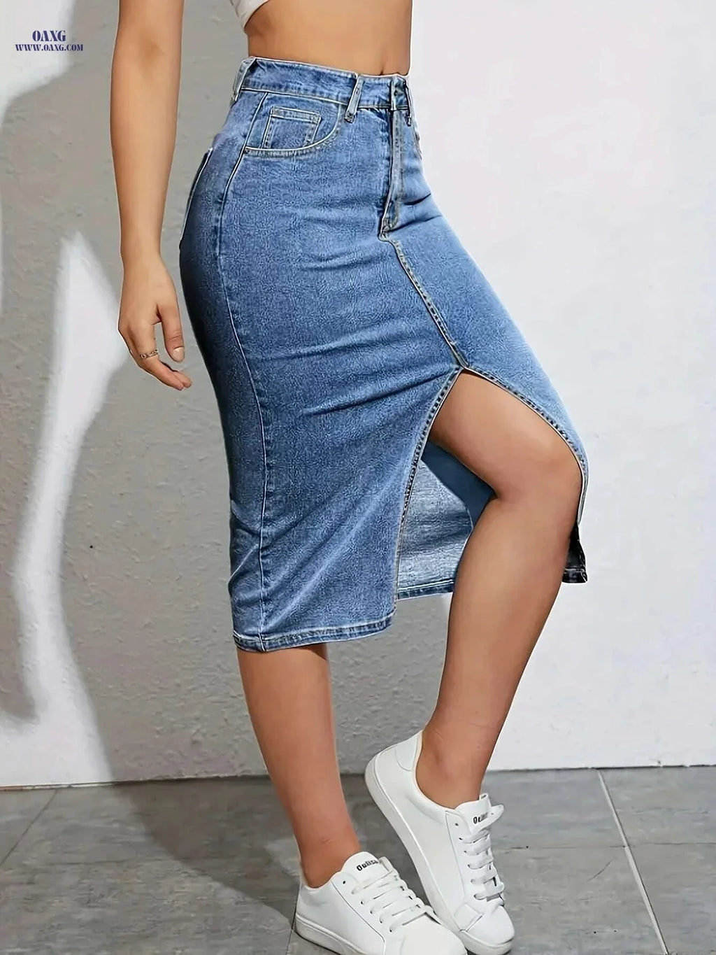 Women's High-Waisted Denim Skirt - Bodycon Fit, Side Slit Design   OAXG Light Blue / XS