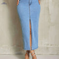 Women's High-Waisted Denim Skirt - Light Blue, Front Split Design   OAXG Sky Blue / S