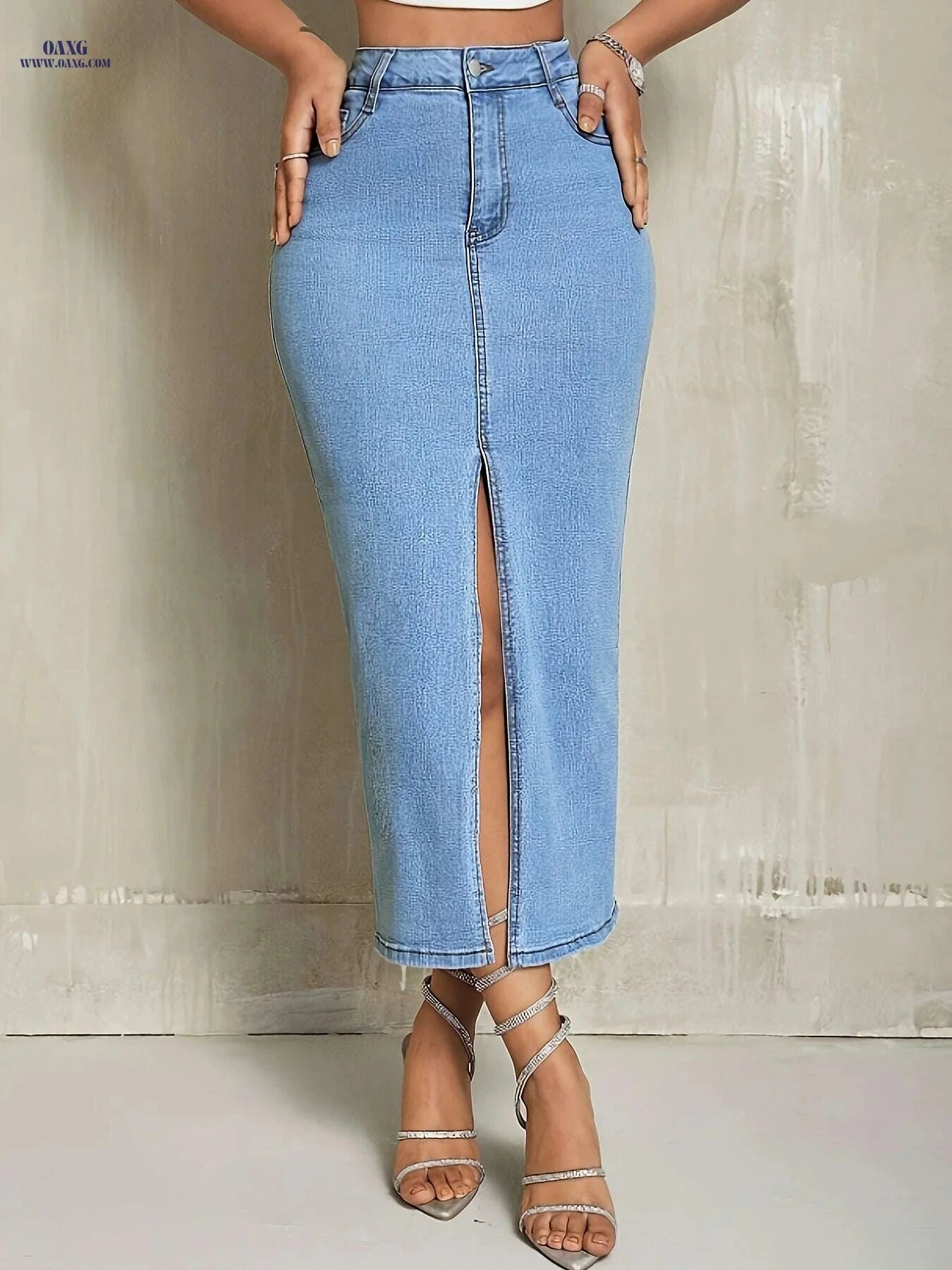 Women's High-Waisted Denim Skirt - Light Blue, Front Split Design   OAXG Sky Blue / S