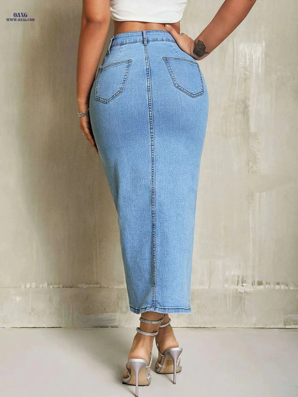Women's High-Waisted Denim Skirt - Light Blue, Front Split Design   OAXG Sky Blue / S