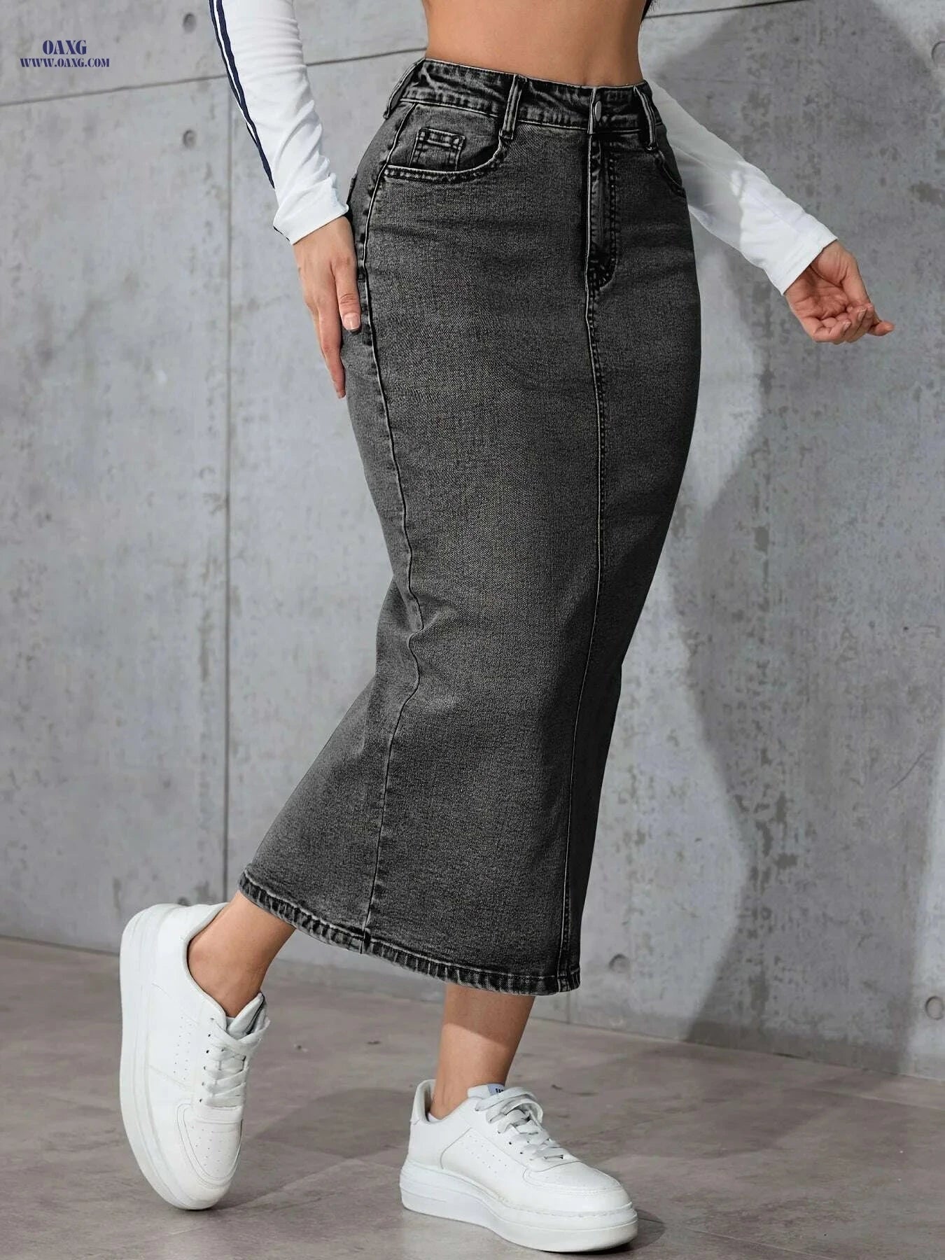 Women's High-Waisted Denim Skirt - Retro Stretchy Bodycon Style   OAXG grey / S