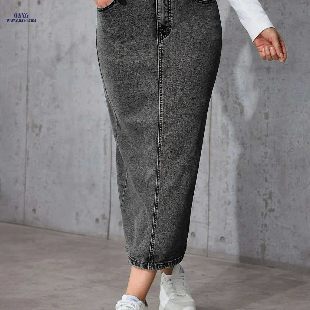 Women's High-Waisted Denim Skirt - Retro Stretchy Bodycon Style   OAXG grey / S