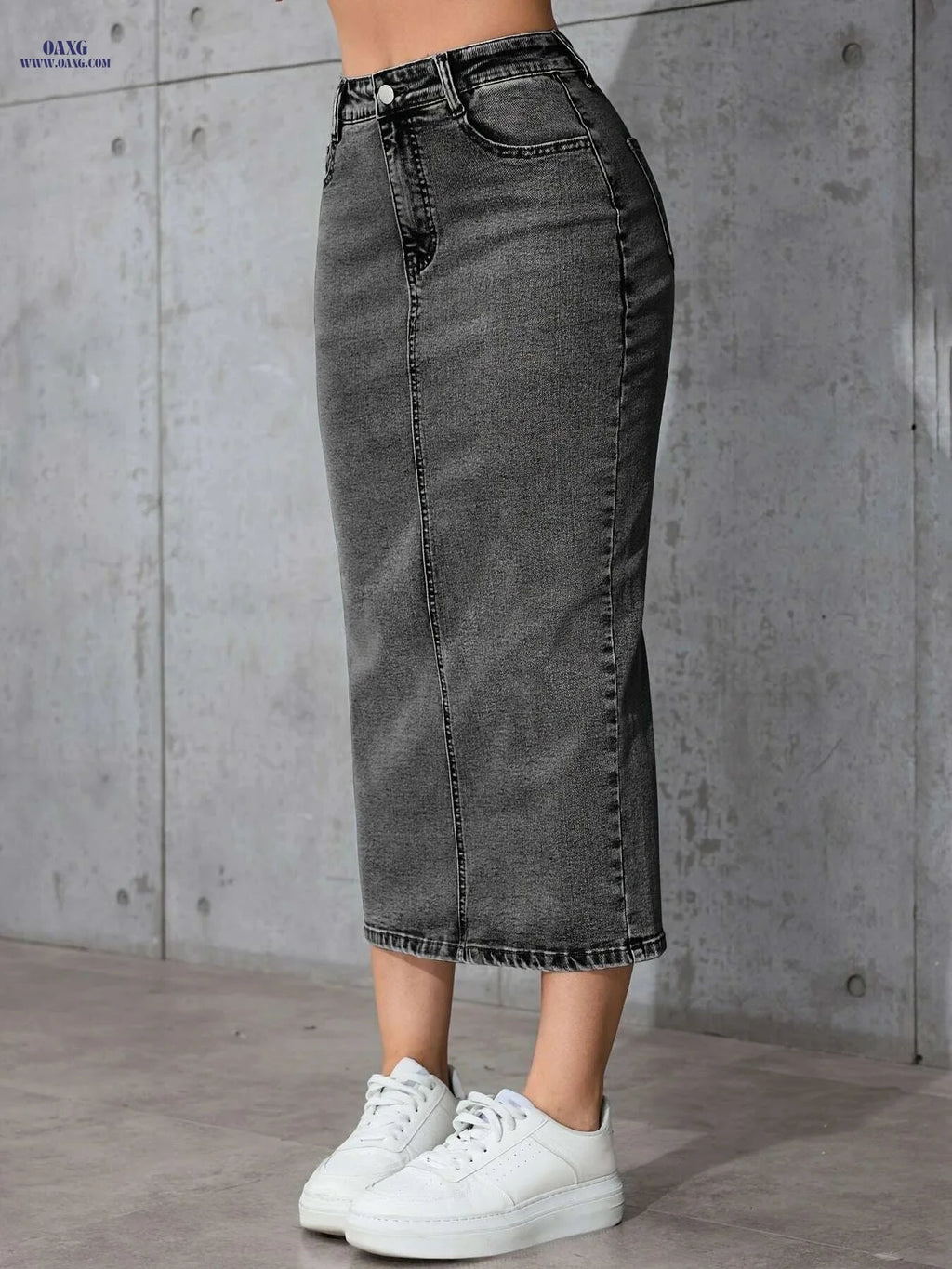 Women's High-Waisted Denim Skirt - Retro Stretchy Bodycon Style   OAXG grey / S