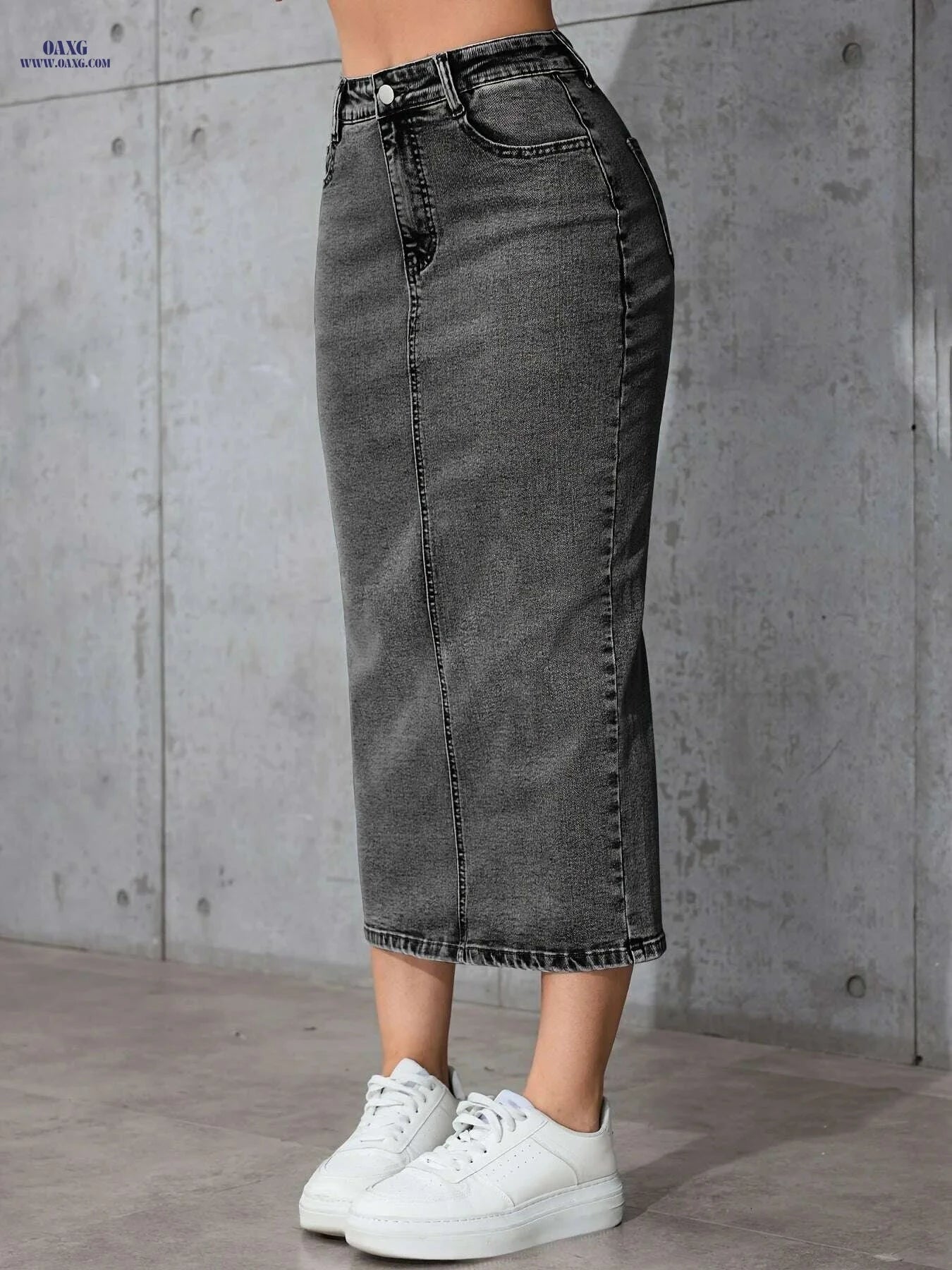 Women's High-Waisted Denim Skirt - Retro Stretchy Bodycon Style   OAXG grey / S
