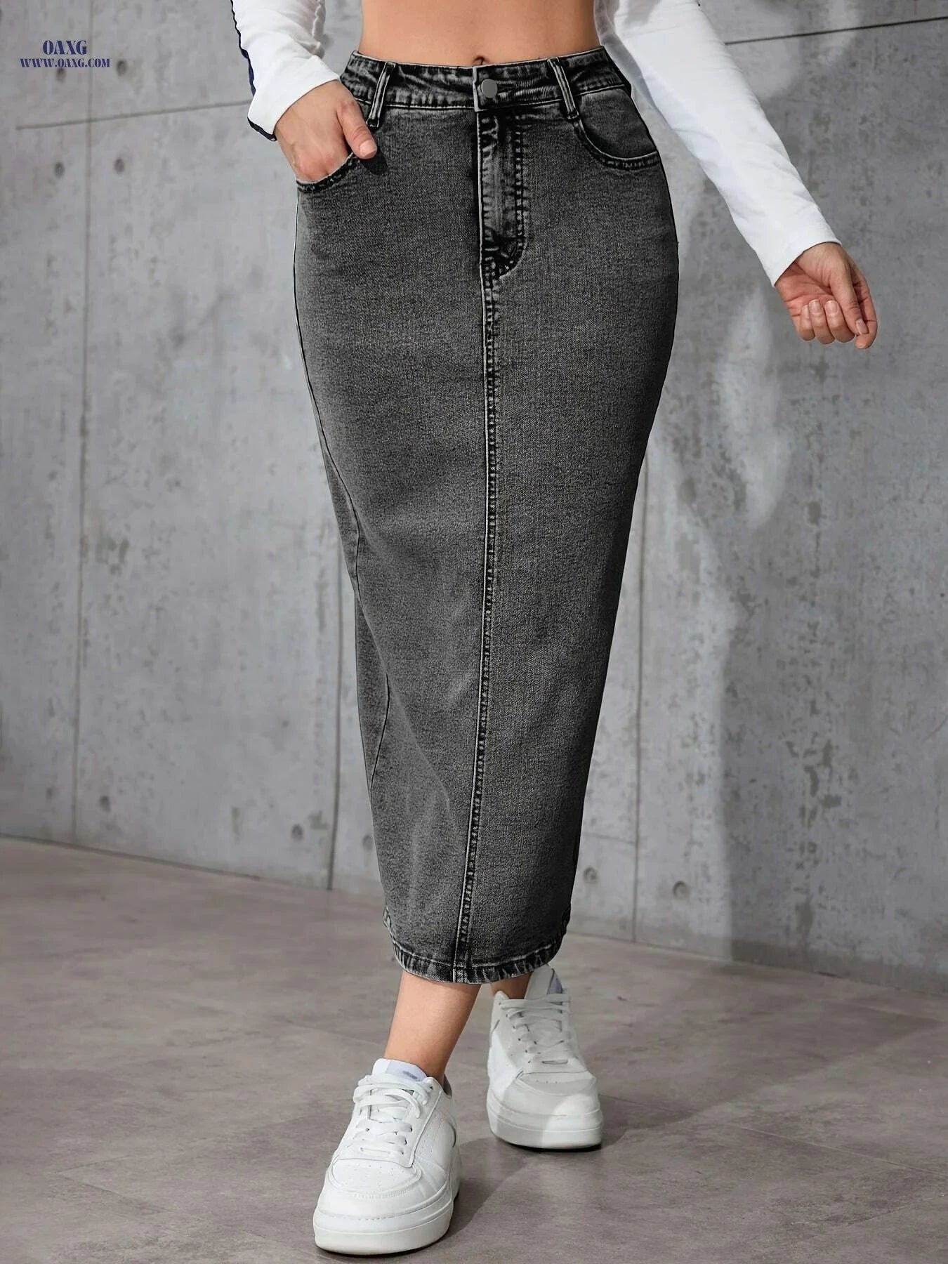 Women's High-Waisted Denim Skirt - Retro Stretchy Bodycon Style   OAXG 