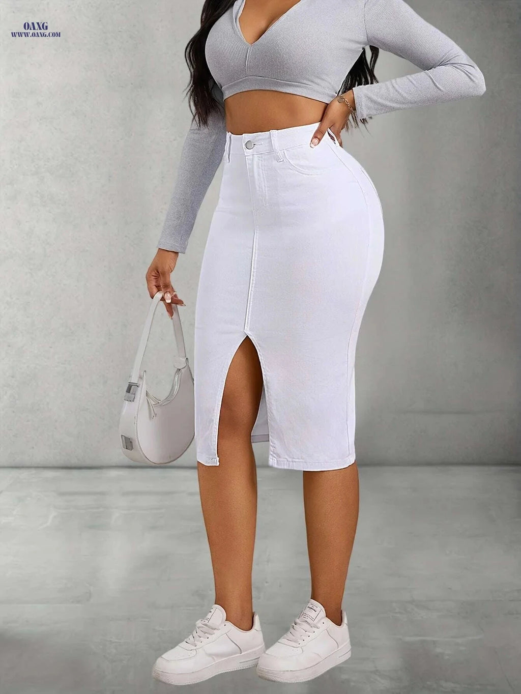 Women's High-Waisted Denim Skirt - Slim Fit, Side Slit & Stretchy   OAXG 
