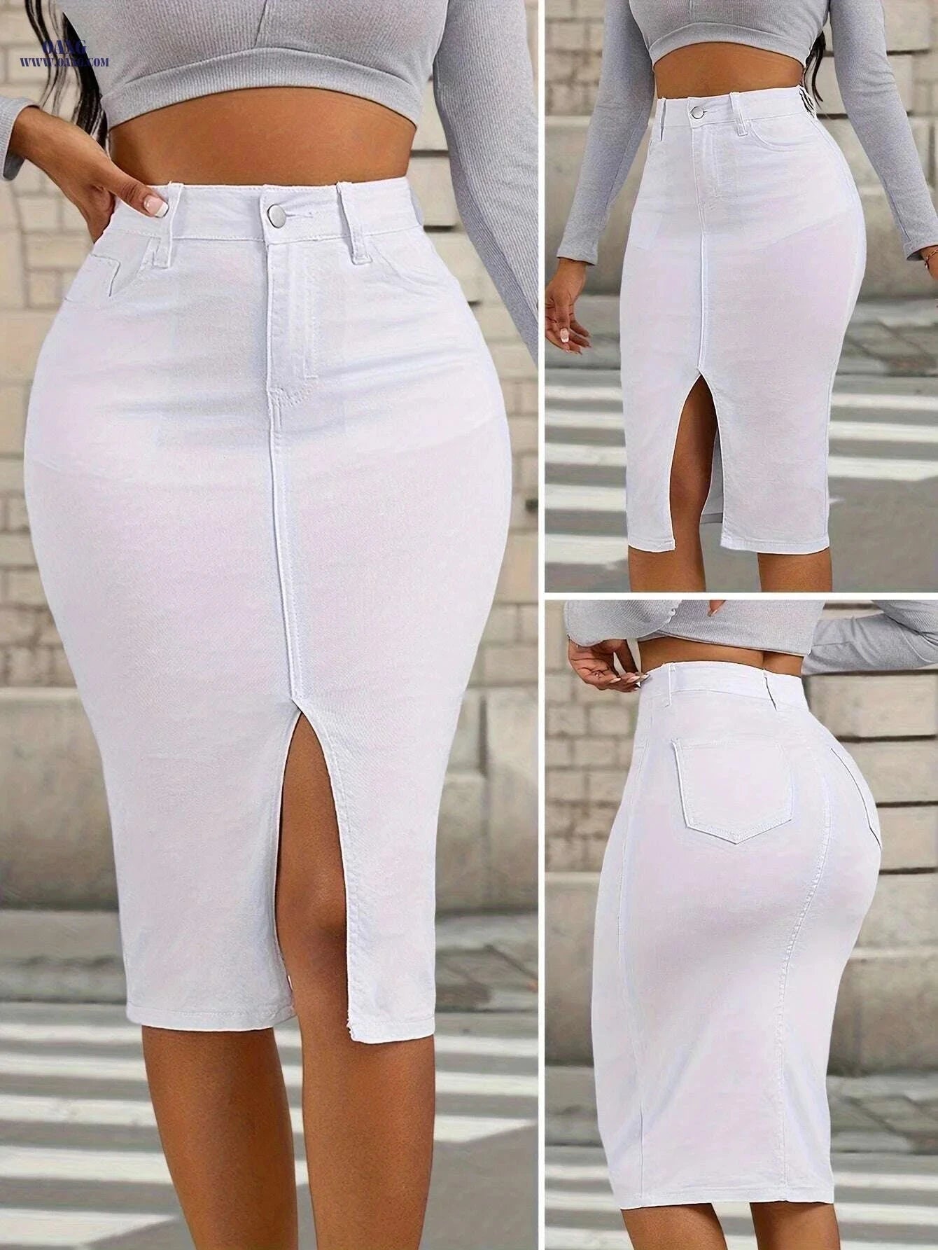 Women's High-Waisted Denim Skirt - Slim Fit, Side Slit & Stretchy   OAXG White / XS