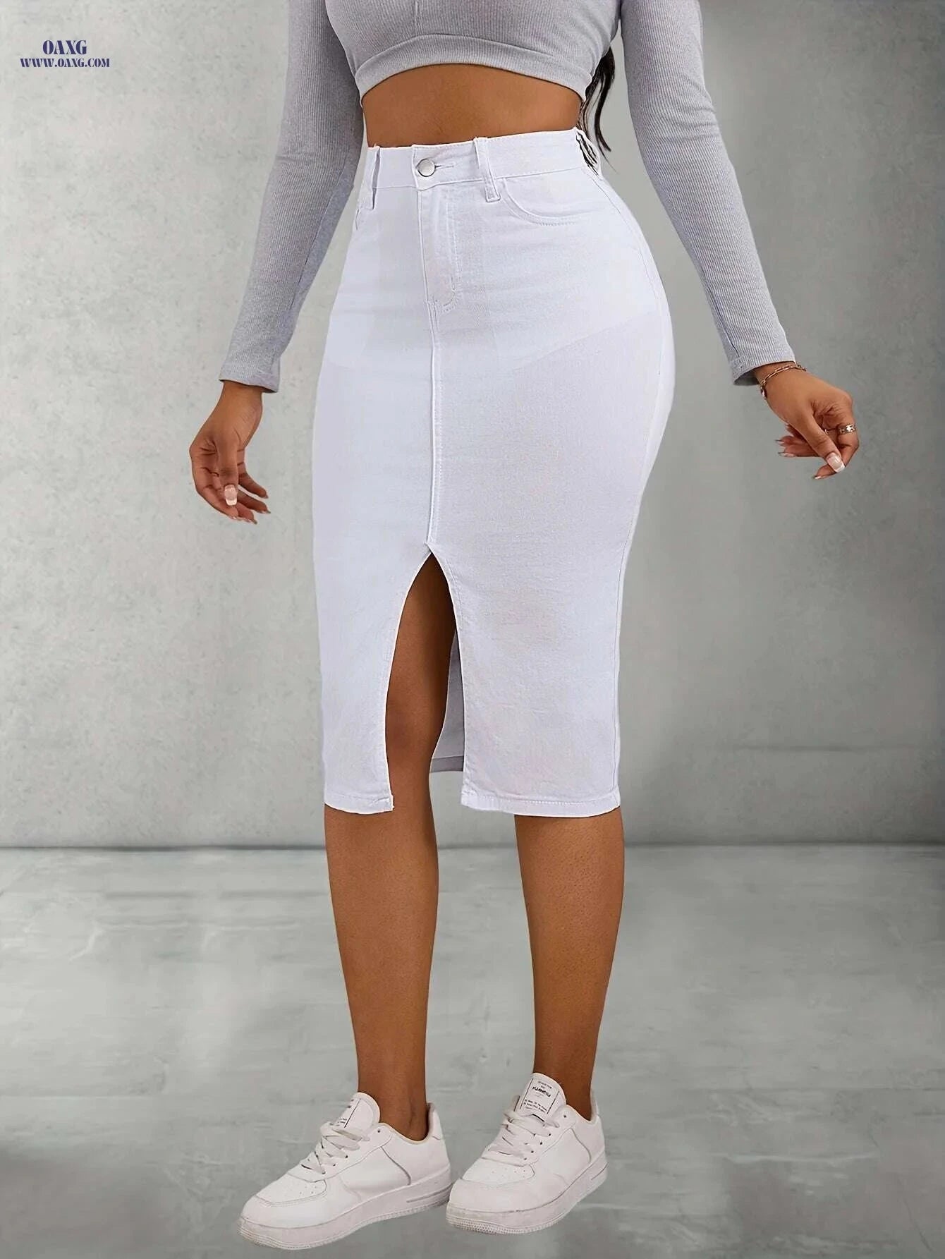 Women's High-Waisted Denim Skirt - Slim Fit, Side Slit & Stretchy   OAXG White / XS