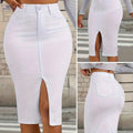 Women's High-Waisted Denim Skirt - Slim Fit, Side Slit & Stretchy   OAXG White / XS