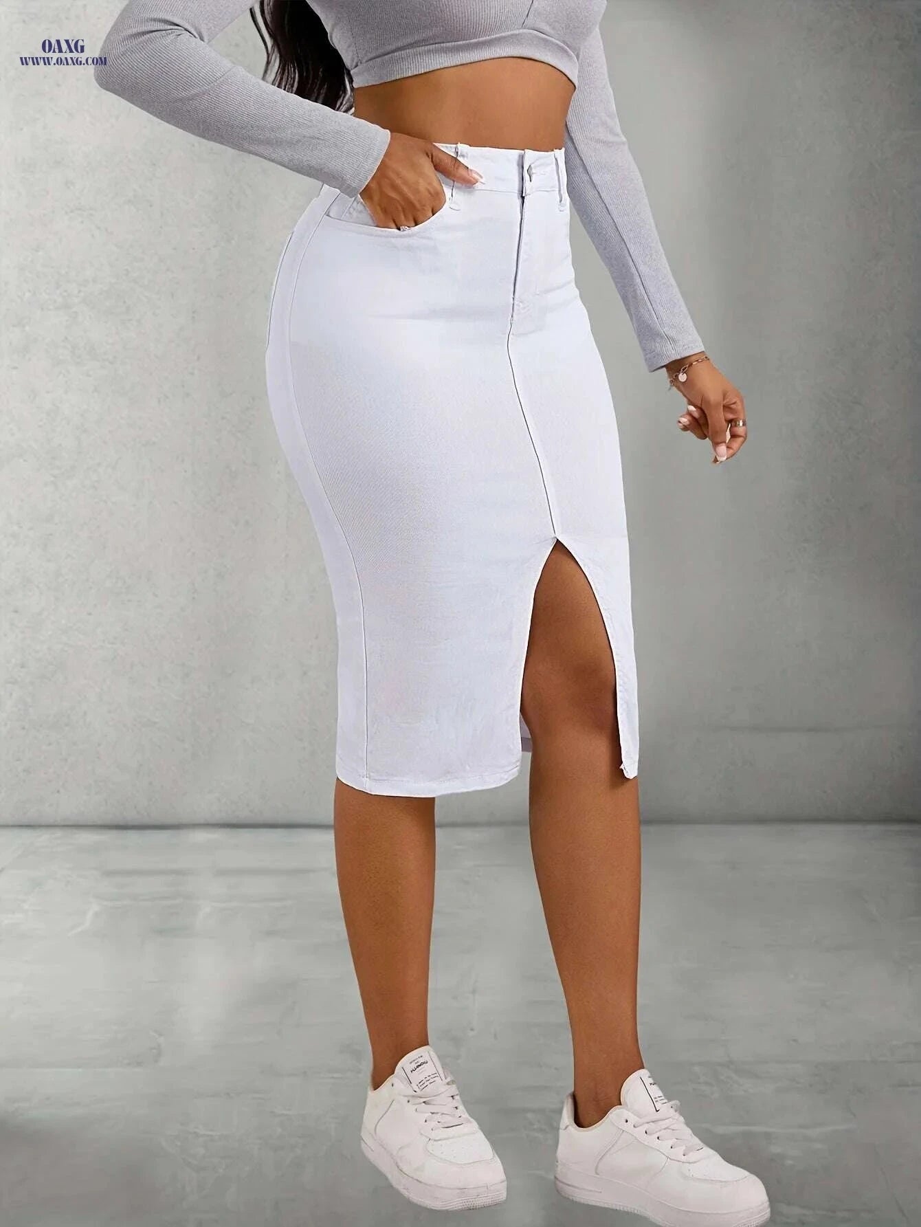 Women's High-Waisted Denim Skirt - Slim Fit, Side Slit & Stretchy   OAXG White / XS