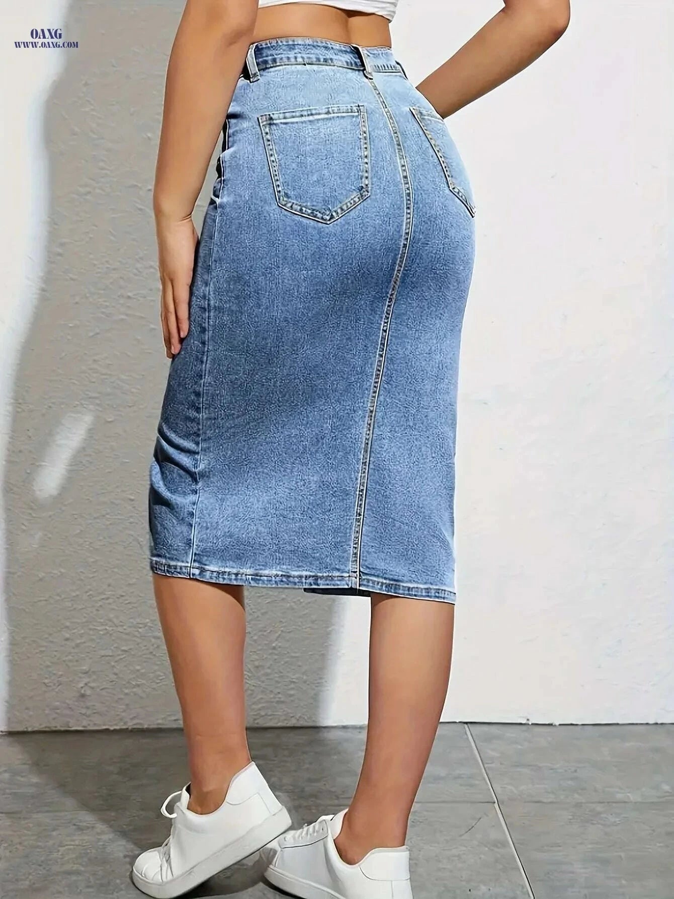 Women's High-Waisted Denim Skirt - Stretchy, Side Slit, Casual Wear   OAXG 
