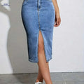 Women's High-Waisted Denim Skirt - Stretchy, Side Slit, Casual Wear   OAXG Peacock Blue / XS