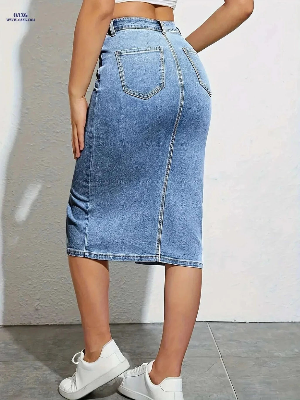 Women's High-Waisted Denim Skirt - Stretchy, Side Slit, Casual Wear   OAXG Peacock Blue / XS
