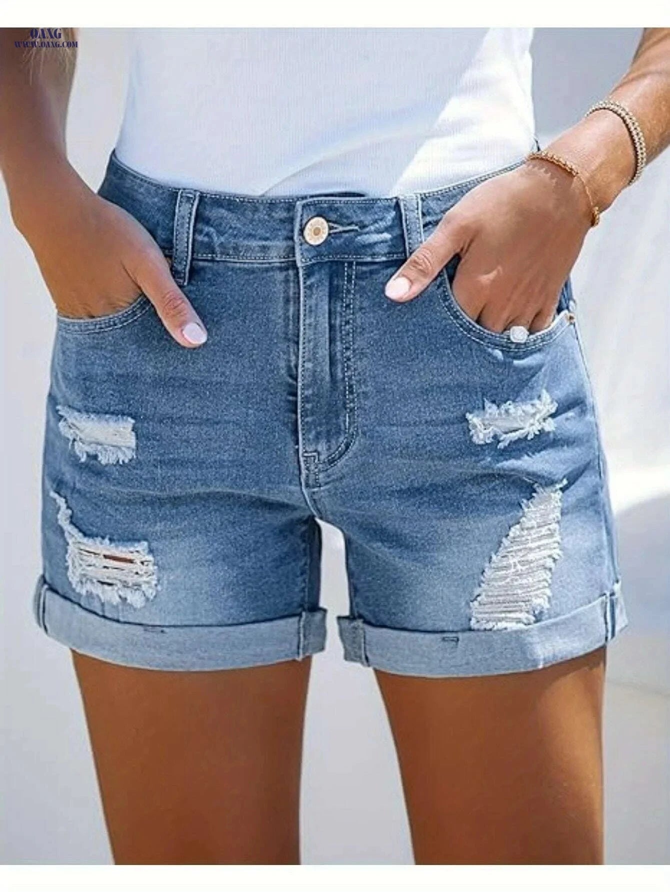Women's High Waisted Distressed Denim Shorts - Casual Summer Style   OAXG 