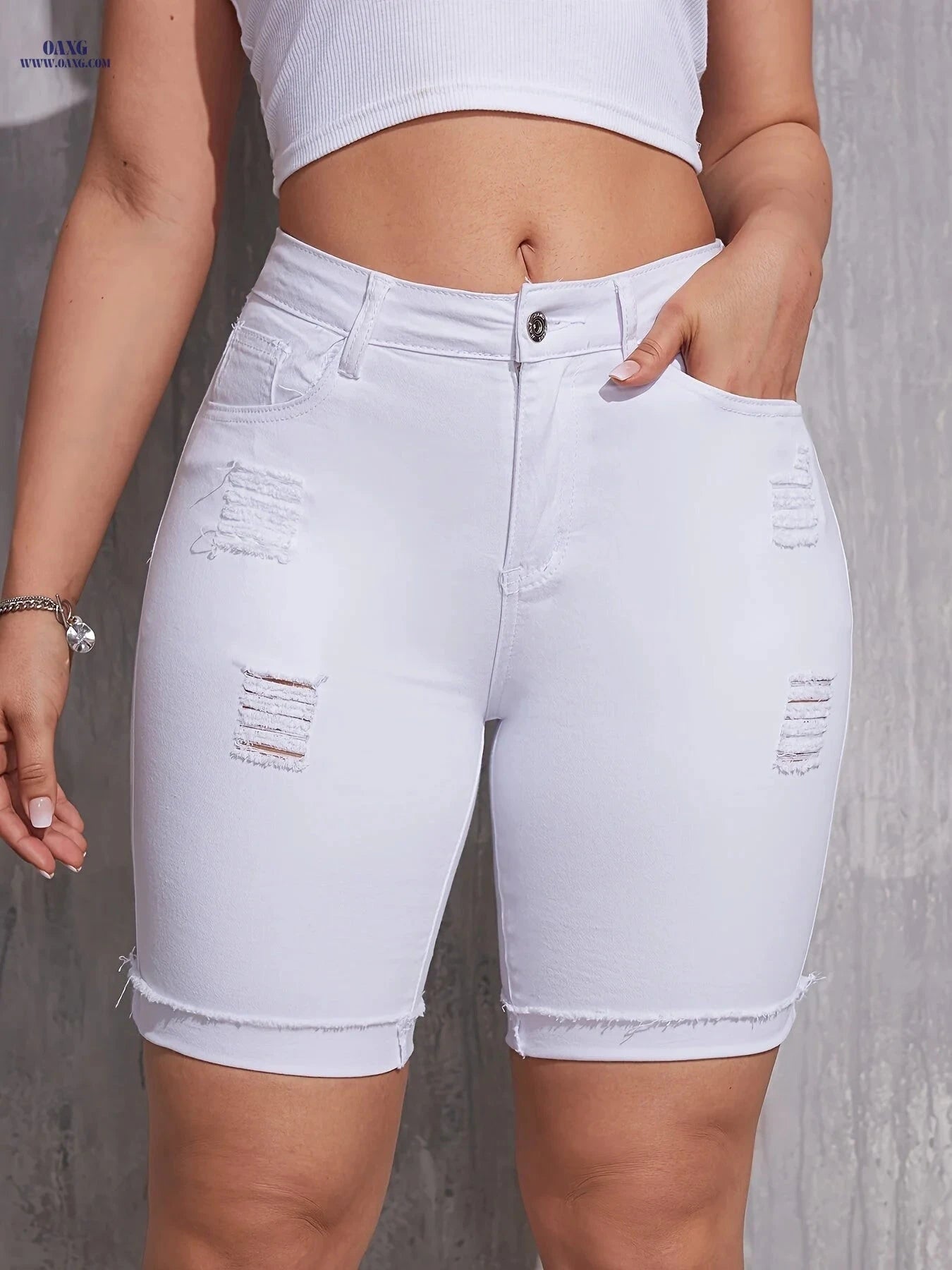 Women's High-Waisted Distressed Denim Shorts - Casual Summer Style   OAXG 