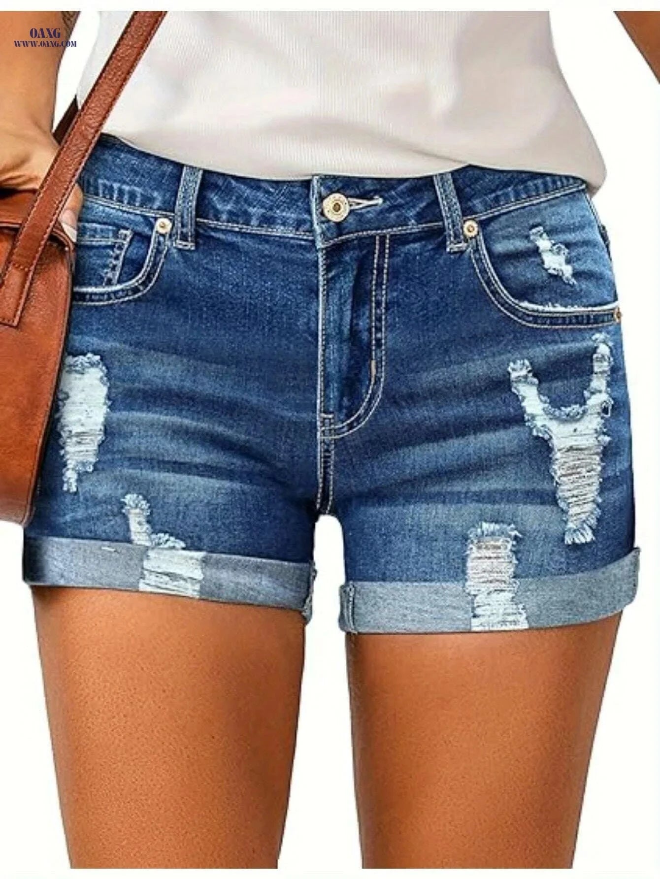 Women's High Waisted Distressed Denim Shorts - Casual Summer Style   OAXG 