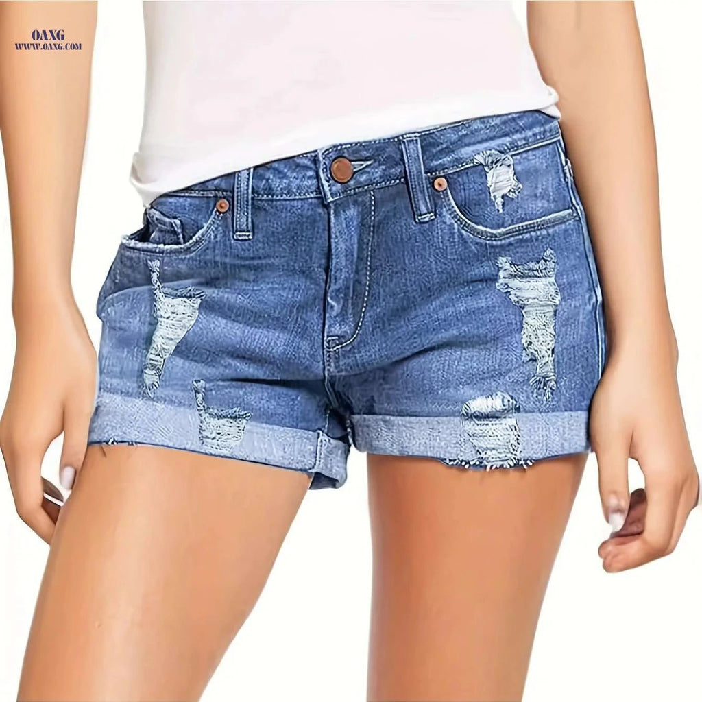 Women's High Waisted Distressed Denim Shorts - Casual Summer Style   OAXG 