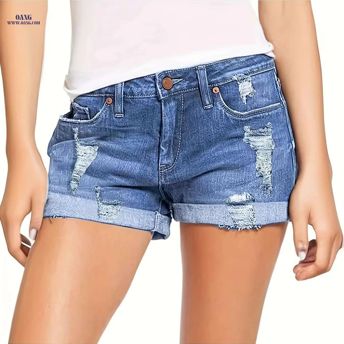 Women's High Waisted Distressed Denim Shorts - Casual Summer Style   OAXG 